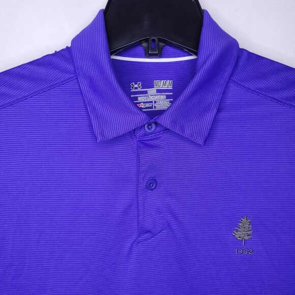 Under Armour Polo Shirt Mens Medium Striped Purple HeatGear Loose Performance - Picture 1 of 11